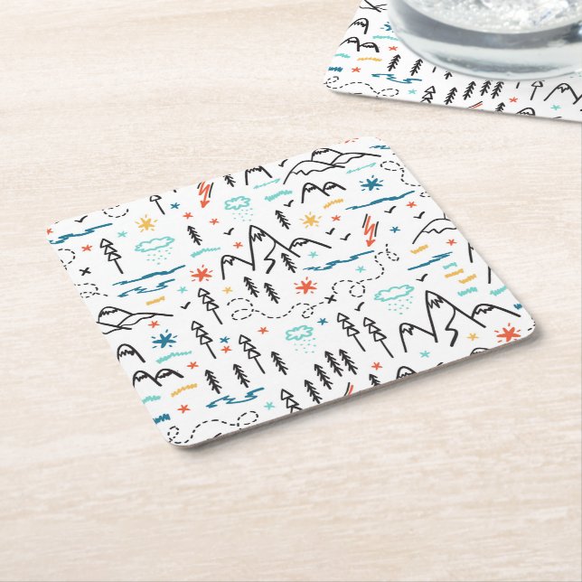 Mountain Hiking Pattern Square Paper Coaster (Angled)