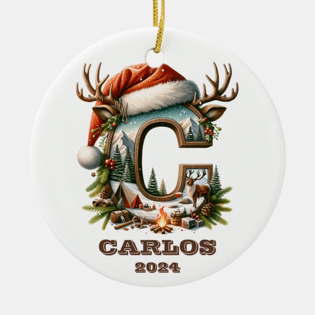 Mountain Holiday C Initial with Antlers Santa Hat Ceramic Tree Decoration (Front)