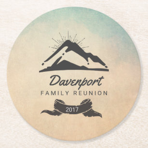 Mountain Illustration with Sun Rays Family Reunion Round Paper Coaster