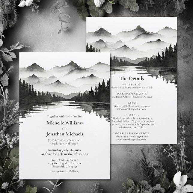 Mountain Lake Black and White All in One Wedding Invitation (Mountain Lake Black and White All in One Wedding Invitation)