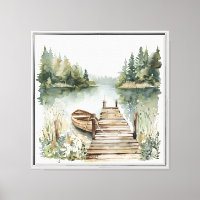 Mountain Lake Boat Watercolor Acrylic Art