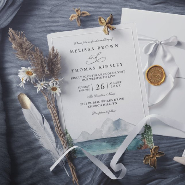 Mountain Lake Boho Adventure QR Code Wedding  Invitation (Creator Uploaded)