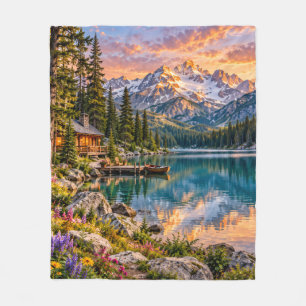 Mountain Lake Cabin Scenic Landscape Fleece Blanket