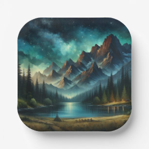 Mountain Lake/cabin under the stars Paper Plate