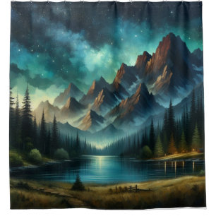 Mountain Lake/cabin under the stars Shower Curtain