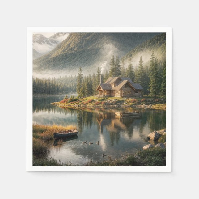 Mountain Lake Cabin with Rowboat Napkin (Front)