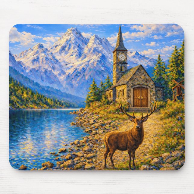 Mountain Lake Deer Chapel Mouse Pad (Front)
