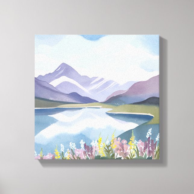 Mountain Lake | Floral Watercolor Landscape Canvas Print (Front)