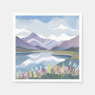 Mountain Lake Floral Watercolor Landscape Napkin