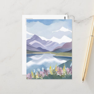Mountain Lake   Floral Watercolor Landscape Postcard