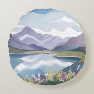 Mountain Lake   Floral Watercolor Landscape Round Cushion