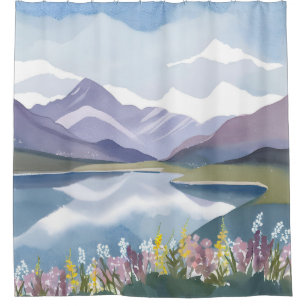 Mountain Lake Floral Watercolor Landscape Shower Curtain