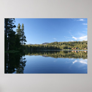 Mountain Lake, Forest, Cabins, Dusk Poster