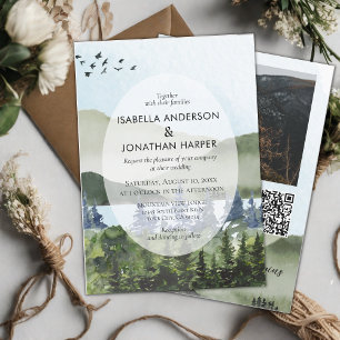Mountain Lake Forest Photo QR Code Outdoor Wedding Invitation