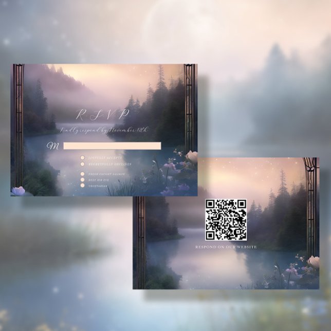 Mountain Lake Forest Stars Ethereal Rustic Wedding RSVP Card (Creator Uploaded)