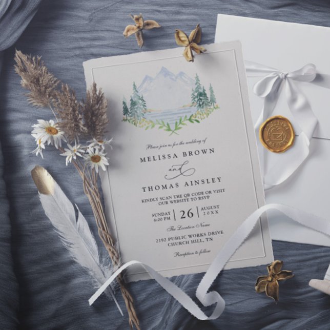 Mountain Lake Forest Tree Rustic Elegant Wedding Invitation (Creator Uploaded)