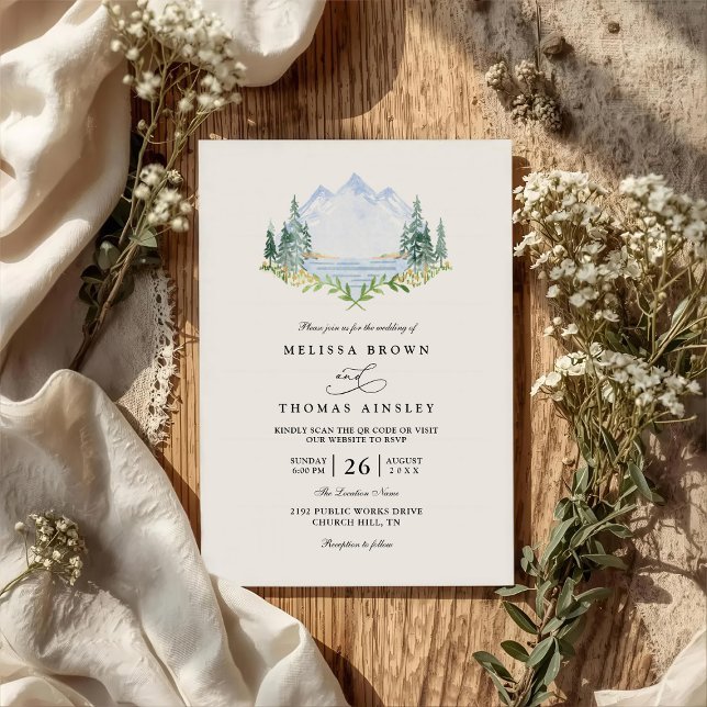 Mountain Lake Forest Tree Rustic QR Code Wedding Invitation (Creator Uploaded)