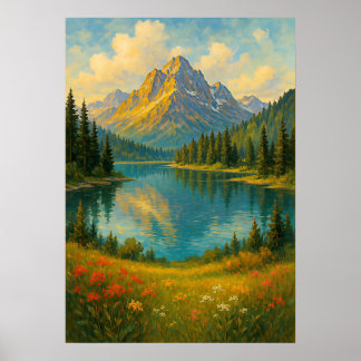 Mountain Lake Landscape Painting Art Print | Sceni