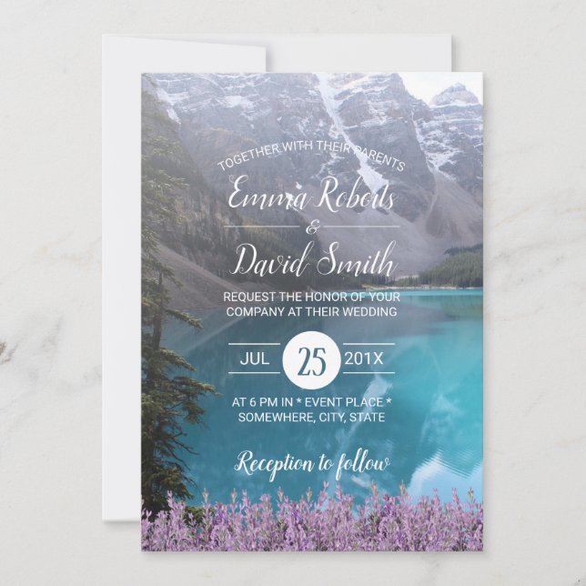 Mountain Lake Lavender Floral Wedding Invitation (Front)