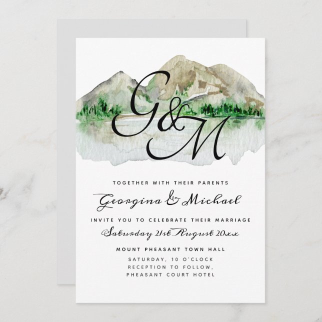 Mountain Lake Monogram Wedding Invitation (Front/Back)