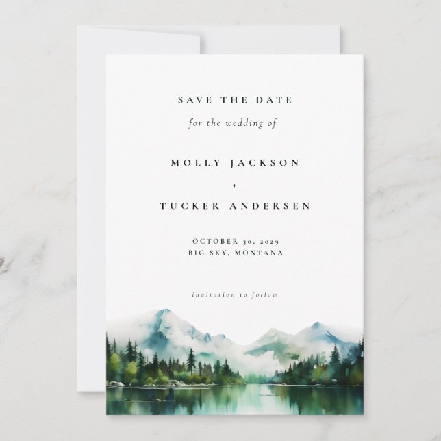 Mountain Lake Pine Watercolor Photo Save the Date  Invitation (Front)
