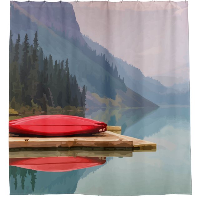 Mountain Lake Red Canoe Peaceful Landscape Shower Curtain (Front)