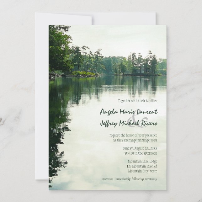 Mountain Lake reflection rustic wedding invitation (Front)