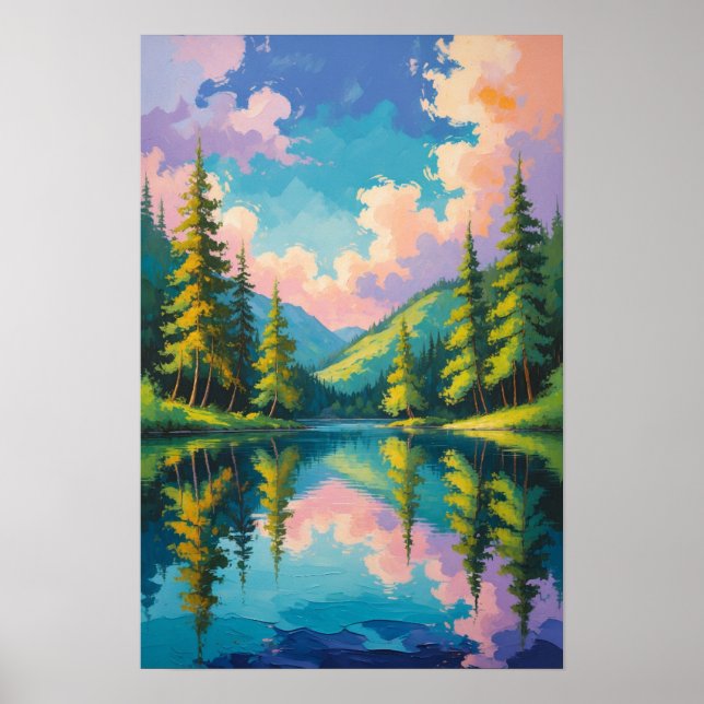 Mountain Lake Reflection with Pine Trees Colourful Poster (Front)
