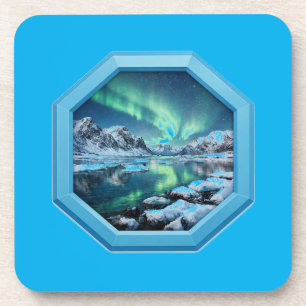 Mountain Lake Reflects No. Lights in Blue Frame Coaster