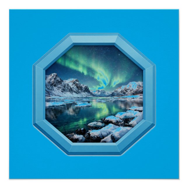 Mountain Lake Reflects No. Lights in Blue Frame Poster (Front)