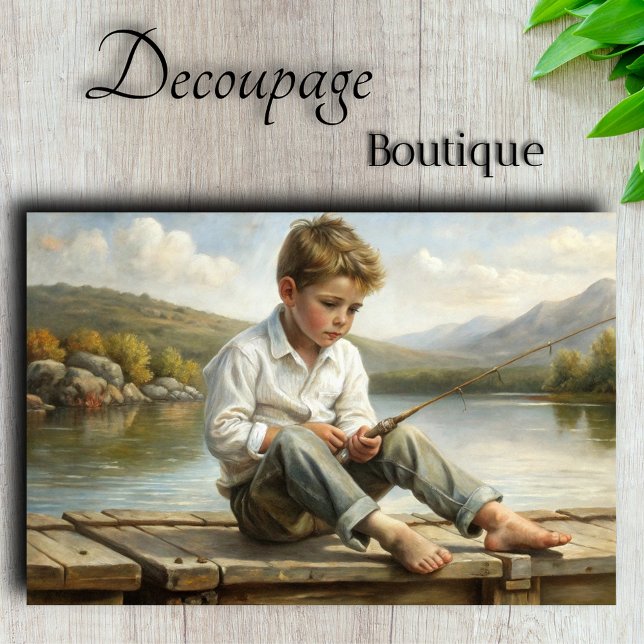 Mountain Lake Reverie Fishing Boy Decoupage Tissue Paper (Mountain Lake Reverie Young Angler's Contemplation Decoupage Tissue Paper By Decoupage Boutique)