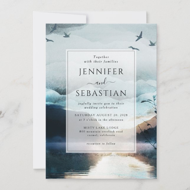 Mountain Lake Rustic Watercolor Wedding  Invitation (Front)