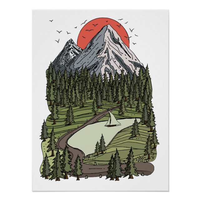 Mountain Lake Serenity: Sunset Adventure Awaits Poster (Front)
