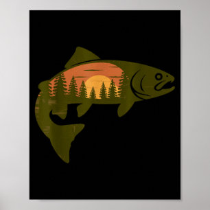 Mountain Lake Trout Silhouette Forest Sunset Scene Poster