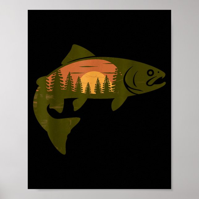 Mountain Lake Trout Silhouette Forest Sunset Scene Poster (Front)