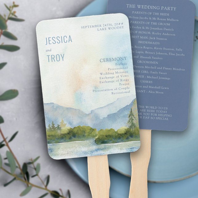 Mountain Lake Watercolor Dusty Blue Program Hand Fan (Creator Uploaded)