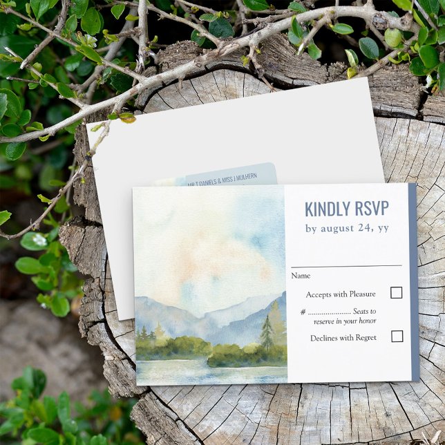 Mountain Lake Watercolor Dusty Blue Wedding RSVP Card (Creator Uploaded)
