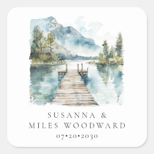 Mountain Lake Watercolor Forest Trees Wedding Square Sticker