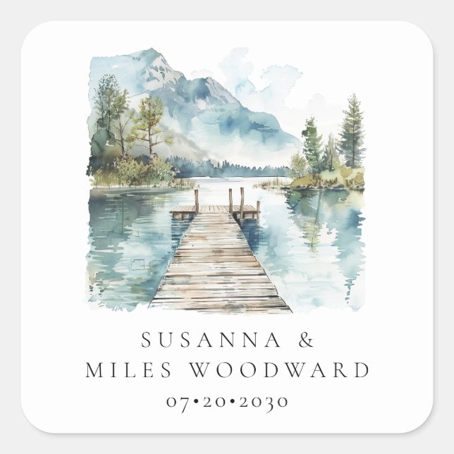 Mountain Lake Watercolor Forest Trees Wedding Square Sticker (Front)