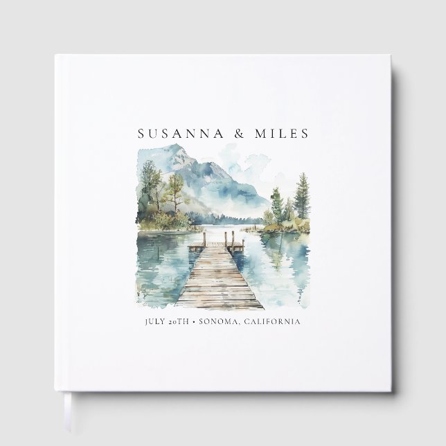 Mountain Lake Watercolor Forest Wedding Trees Guest Book (Front)
