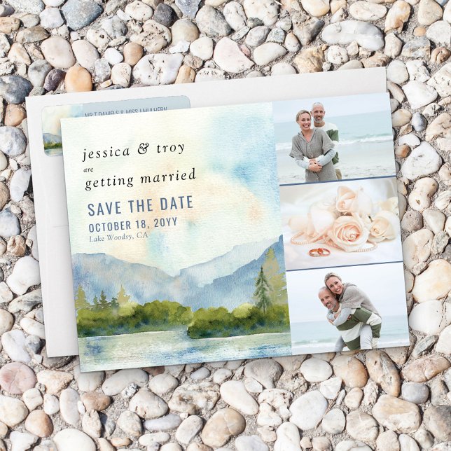Mountain Lake Watercolor Wedding 3 Photo Save The Date (Creator Uploaded)