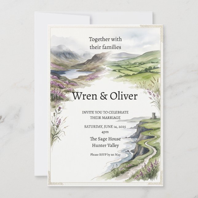 Mountain Lake Watercolor Wedding Invitation (Front)