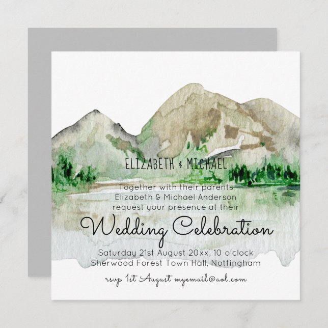 Mountain Lake Watercolor Wedding Invitations (Front/Back)