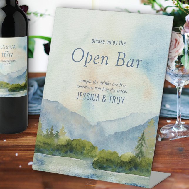 Mountain Lake Watercolor Wedding Open Bar Pedestal Sign (Creator Uploaded)