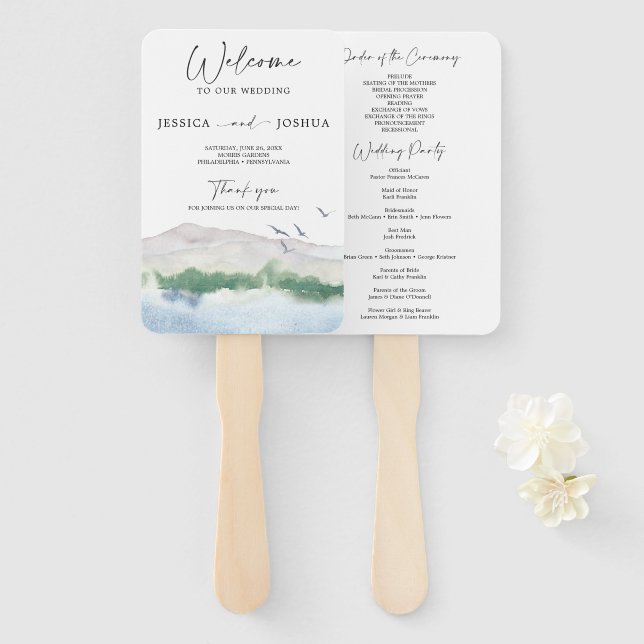 Mountain Lake Wedding Program Fan (Front and Back)