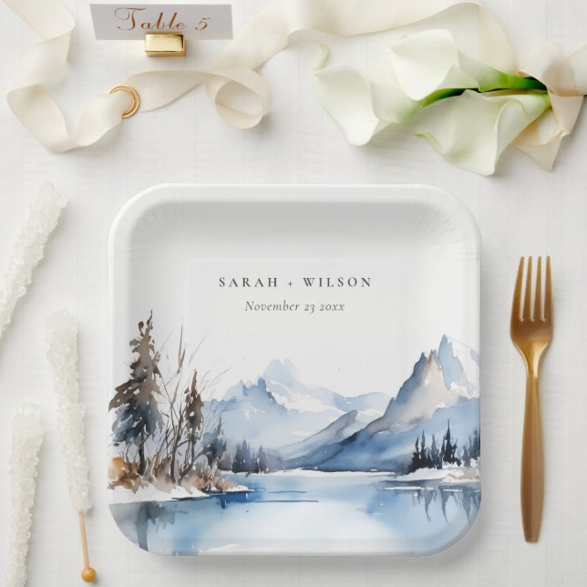 Mountain Lake Winter Snow Landscape Wedding Paper Plate (Wedding)