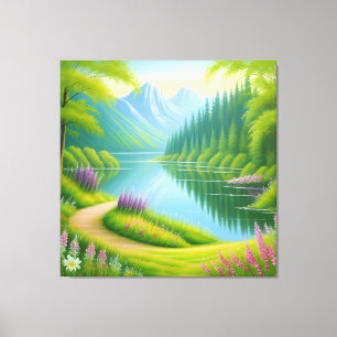 Mountain Lake With Blooming Flowers and Pine Trees Canvas Print