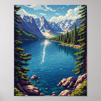 Mountain Lake With Pine Forest And Rocky Shore Nat Poster