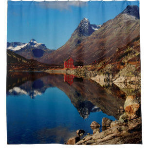 Mountain lake with red house shower curtain