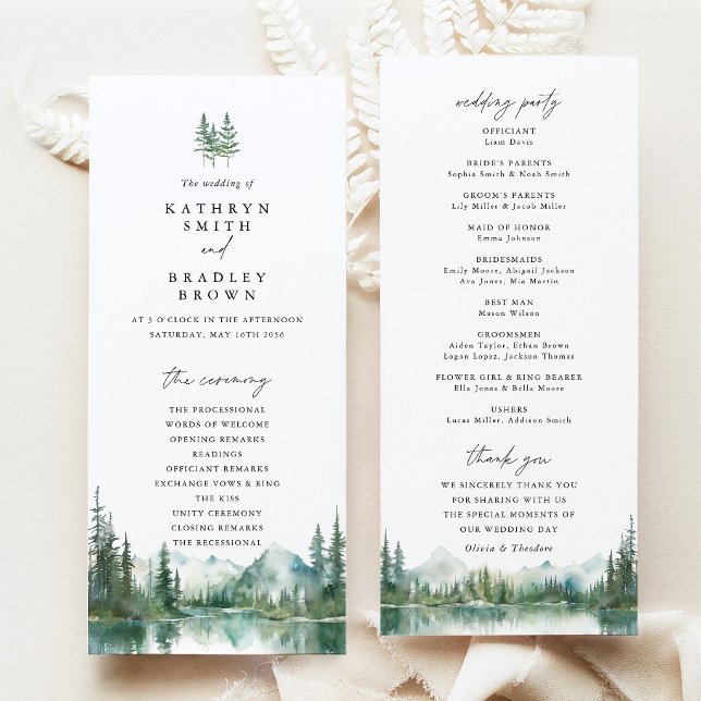 Mountain Lake Woodland Wedding Ceremony Programme (Mountain Lake Wedding Program, Woodland Wedding Ceremony Program, Forest Wedding Stationery Suite)